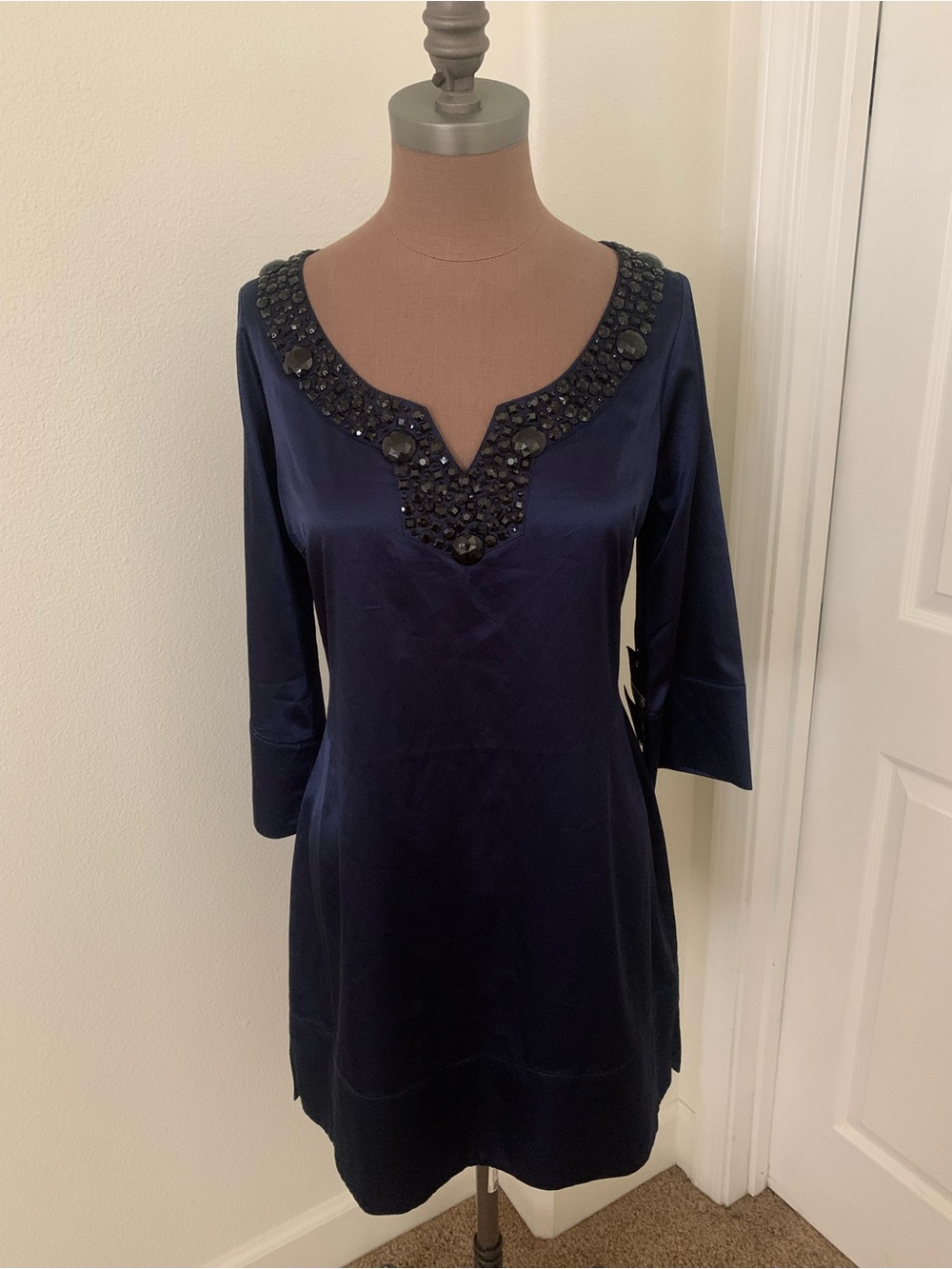 Vertigo Paris Embellished Navy Beaded V-Neck Women's Tunic Top